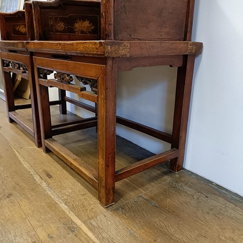 888 - A pair of Chinese chairs, decorated vases and flowers, 62 cm wide (2)