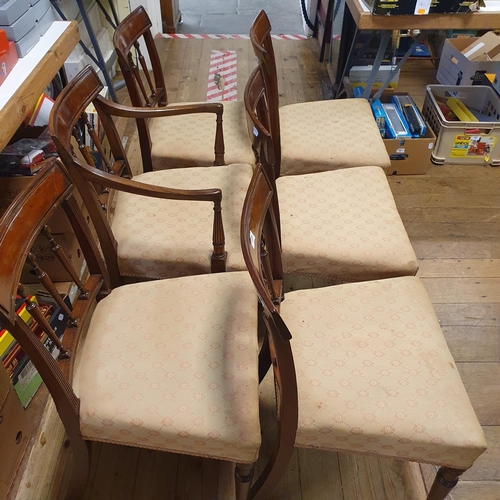 921 - A set of six mahogany rail back dining chairs, with padded seats (5+1)