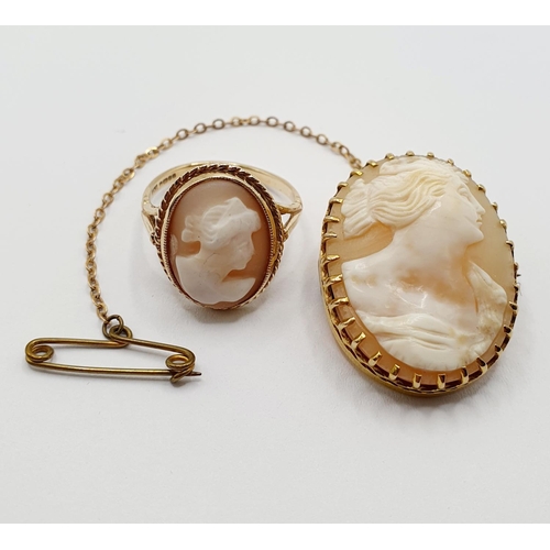 106 - An early 20th century cameo, decorated a portrait of a woman, 3 x 2.5 cm, and a matching ring, with ... 