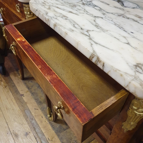 880 - A pair of French inlaid walnut bedside chests, having a marble top above three drawers, on cabriole ... 