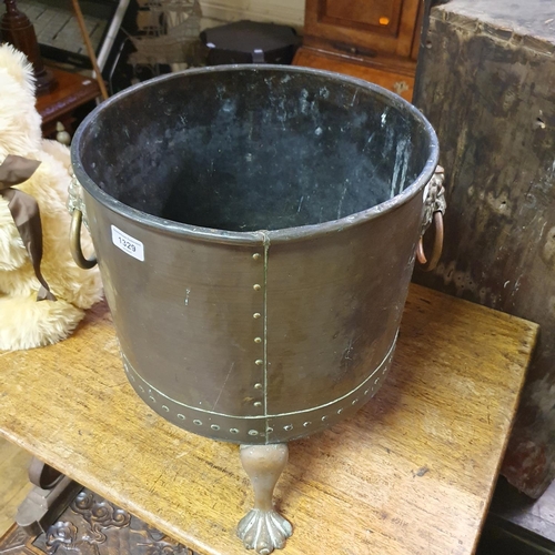 865 - A brass coal bin, with lion's head ring handles, on paw feet, 39 cm diameter