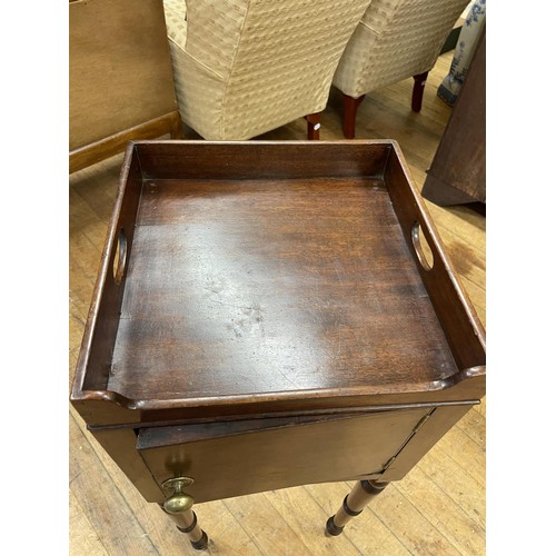 991 - A 19th century mahogany tray top stand, with a single cupboard door, 30 cm wide