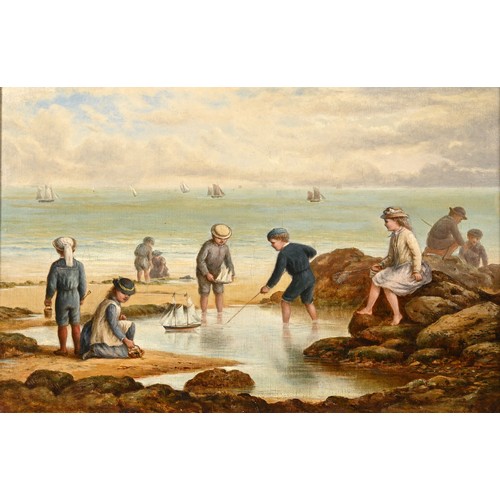 343 - H S Phillips, children playing on a beach, oil on canvas, signed nad dated 1877, 29 x 43 cm