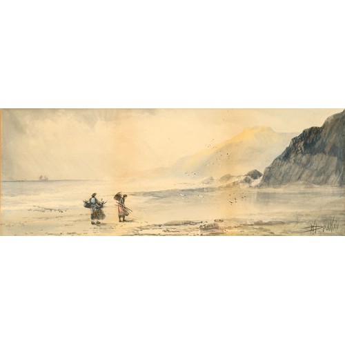 295 - W Deakin, faggot gathering on the beach, watercolour, signed, 18 x 50 cm