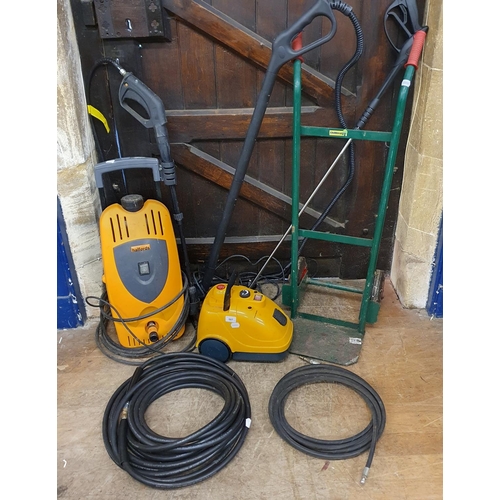 507 - A Halfords pressure washer, a steam cleaner, and a sack truck (3)  Note: From a deceased estate, bei... 