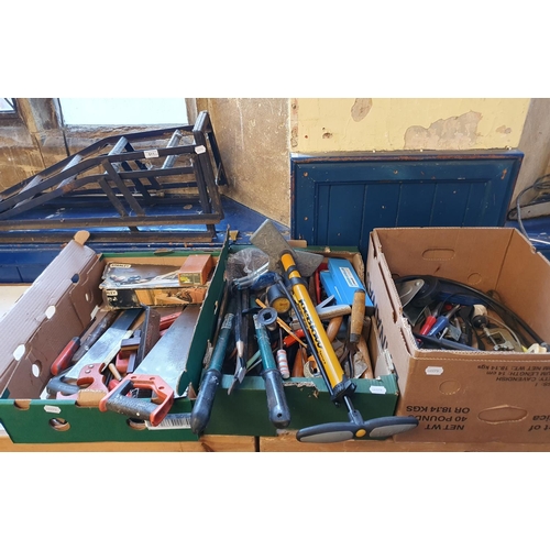 511 - Assorted hand and other tools, in three boxes, and a pair of metal car ramps Note: From a deceased e... 