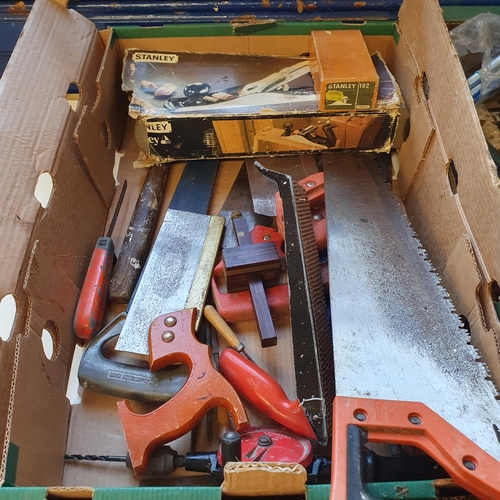 511 - Assorted hand and other tools, in three boxes, and a pair of metal car ramps Note: From a deceased e... 