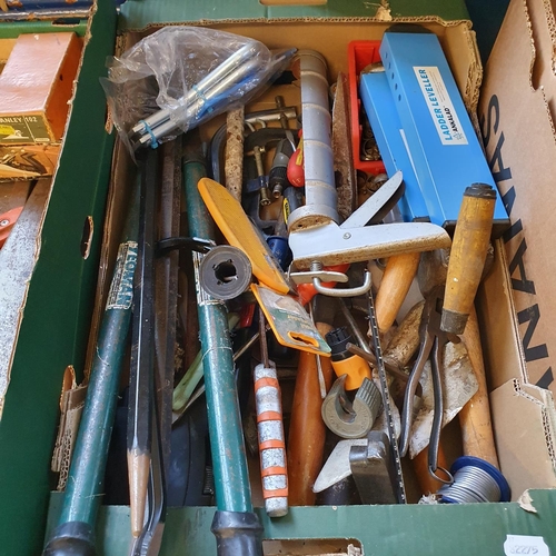 511 - Assorted hand and other tools, in three boxes, and a pair of metal car ramps Note: From a deceased e... 