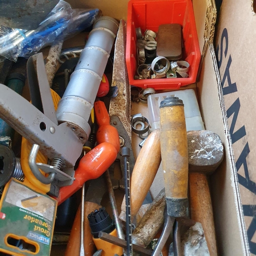 511 - Assorted hand and other tools, in three boxes, and a pair of metal car ramps Note: From a deceased e... 