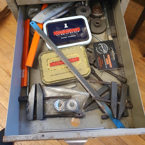 537 - Assorted tools and other items, in a painted metal filing cabinet, 29 cm wide