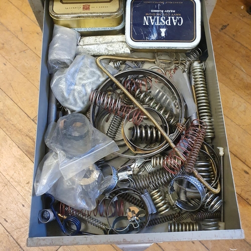 537 - Assorted tools and other items, in a painted metal filing cabinet, 29 cm wide