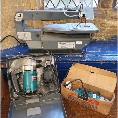 539 - A Makita nibbler, a Makita angled drill, and a scroll saw (3)