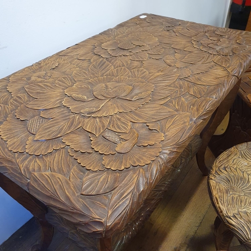 36 - A pair of Japanese carved wood high back chairs, a similar two tier table, 88 cm wide, a round table... 