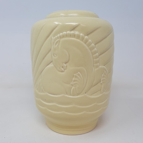 53 - A Wedgwood cream glazed vase, decorated horses, 20 cm high