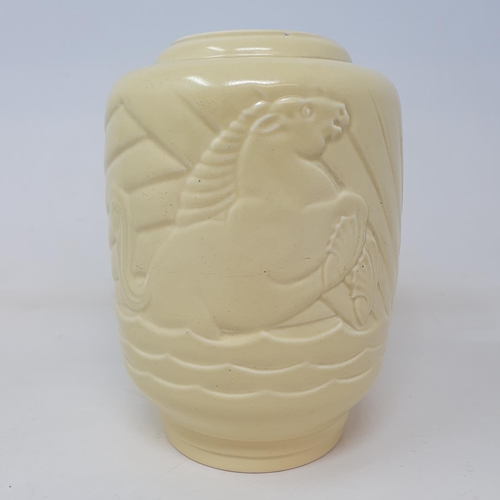 53 - A Wedgwood cream glazed vase, decorated horses, 20 cm high