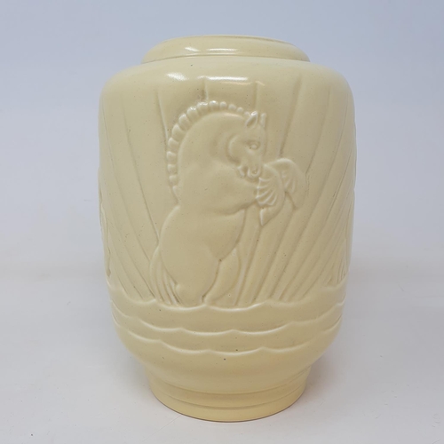 53 - A Wedgwood cream glazed vase, decorated horses, 20 cm high