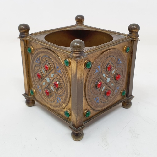 56 - A Continentel Gothic revival inkwell stand, by Maison Alp Giroux, in bronze, enamel and applied cabo... 