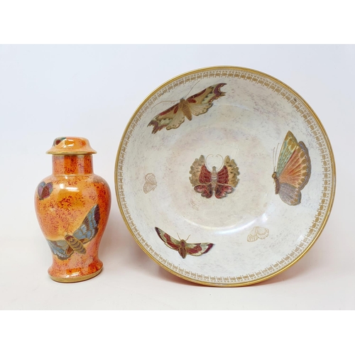 63 - A Carltonware bowl, decorated butterfly's, 25 cm high and a similar vase and cover, 16 cm high