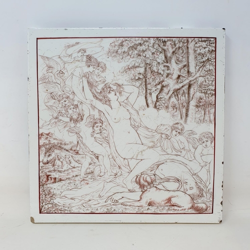 76 - A Minton Hollins & Co tile, decorated a classical scene, slight edge chips, 20 x 20.5 cm