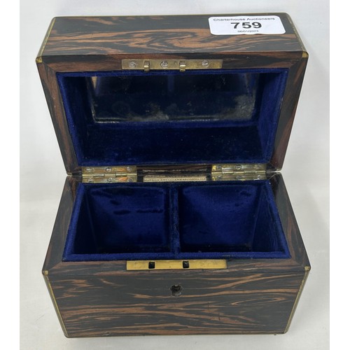 759 - A 19th century coromandel wood perfume box, the interior having two glass bottles with silver mounts... 