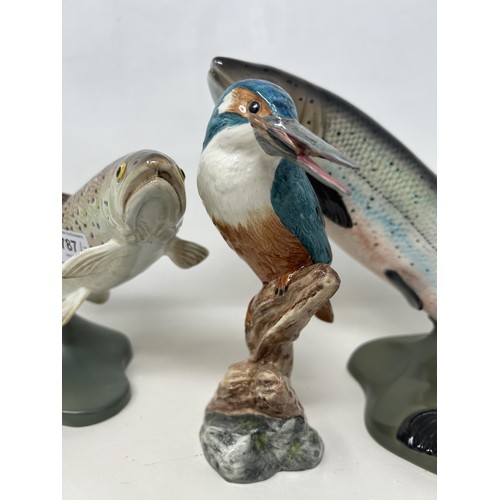 787 - A Beswick trout, 16 cm high, another, 20 cm high, and a Beswick kingfisher, boxed (3)