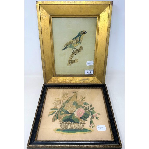 736 - A 19th century needlework pictre, of a song bird, 23 x 17 cm, and another of a bird and a basket of ... 