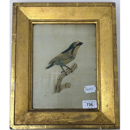 736 - A 19th century needlework pictre, of a song bird, 23 x 17 cm, and another of a bird and a basket of ... 