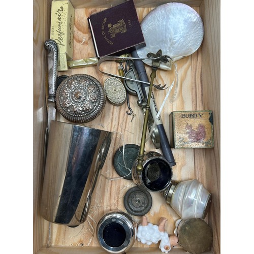 753 - A silver plated open face pocket watch, a silver plated cruet, and assorted other items (box)