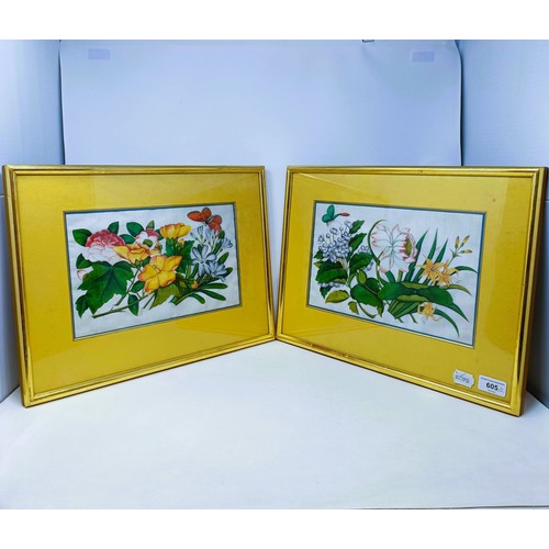 605 - A pair of Chinese pith paper pictures, decorated flowers and butterflies, 19 x 30 cm (2)