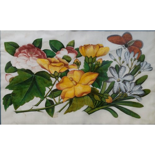 605 - A pair of Chinese pith paper pictures, decorated flowers and butterflies, 19 x 30 cm (2)