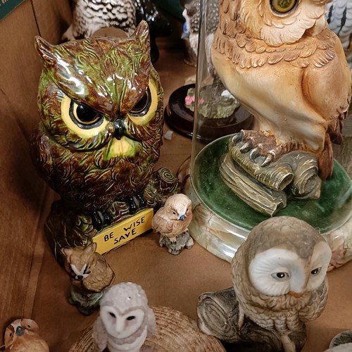 640 - A figure, of an owl, under a glass dome, and assorted other owl figures (box)