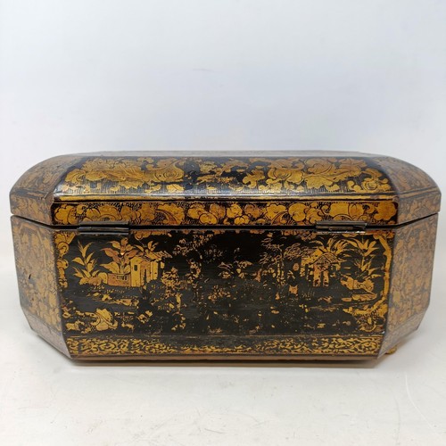 662 - A 19th century lacquered caddy, in the Chinese manner, 30 cm wide