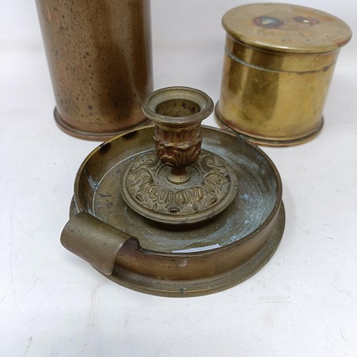 668 - A Trench Art chamberstick, a similar box, and a shell casing (3)