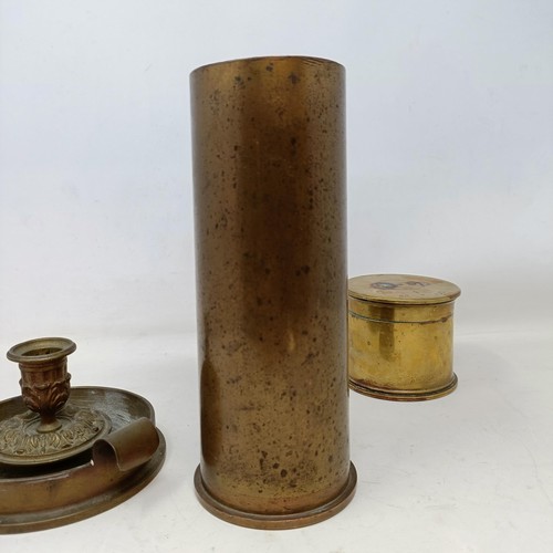 668 - A Trench Art chamberstick, a similar box, and a shell casing (3)