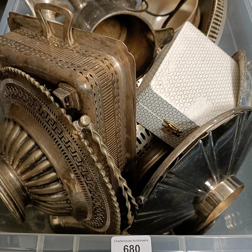 680 - A silver plated basket, and assorted silver plate (box)