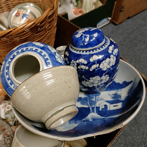 685 - A Chinese blue and white ginger jar, decorated blossom, another lacking lid, assorted ceramics and o... 