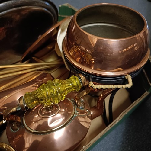 688 - A copper and brass pan, a warming pan, a copper bowl, assorted metalwares and two jelly moulds (qty)