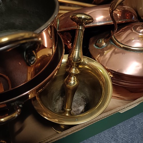 688 - A copper and brass pan, a warming pan, a copper bowl, assorted metalwares and two jelly moulds (qty)