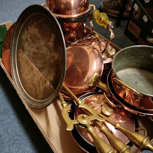 688 - A copper and brass pan, a warming pan, a copper bowl, assorted metalwares and two jelly moulds (qty)