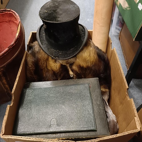 693 - A green leather writing box, a hat box, a roll of prints, maps, and assorted costume (box)