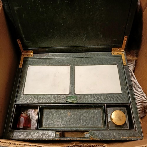 693 - A green leather writing box, a hat box, a roll of prints, maps, and assorted costume (box)