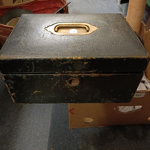 693 - A green leather writing box, a hat box, a roll of prints, maps, and assorted costume (box)