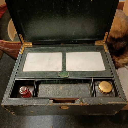 693 - A green leather writing box, a hat box, a roll of prints, maps, and assorted costume (box)