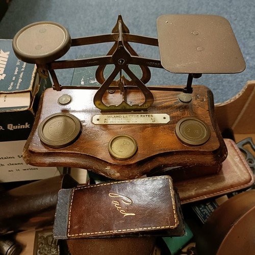 697 - A stoneware ink bottle, a set of postal scales and assorted other items (box)