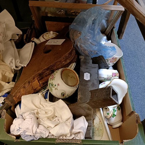 700 - A blue glass jug, a bell on a carved stand, and assorted other items (4 boxes)