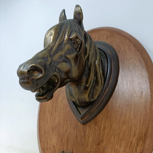 710 - A brass and stained wood wall mounted crop stand, in the form of a horse, 36 cm