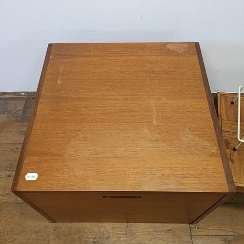 16 - A G-Plan teak record holder, 56 cm wide, a coffee table and three coloured metal stands (5)