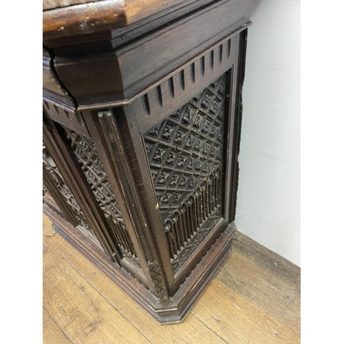 895 - A Gothic oak side cabinet, with a later marble top, 80 cm high x 71 cm wide