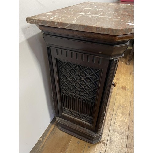 895 - A Gothic oak side cabinet, with a later marble top, 80 cm high x 71 cm wide