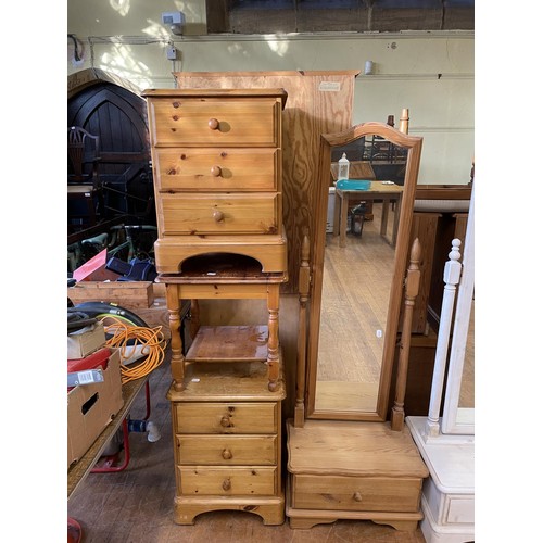 940 - A pair of pine bedside chests, a coffee table, a chest, a bedside table, a stool, and a dresser (7)